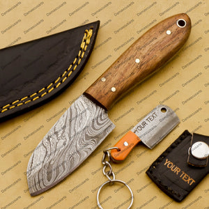 Customize Custom Hand Made Forged Hunter Knife Damascus Steel Bowie Knife Handle Tali Wood with Leather Sheath Free Key Chain Gift