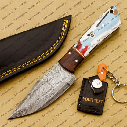 Customize Custom Hand Made Forged Hunter Knife Damascus Steel Bowie Knife Handle Tali Wood with Leather Sheath Free Key Chain Gift