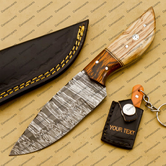 Customize Custom Hand Made Forged Hunter Knife Damascus Steel Bowie Knife Handle Tali Wood with Leather Sheath Free Key Chain Gift