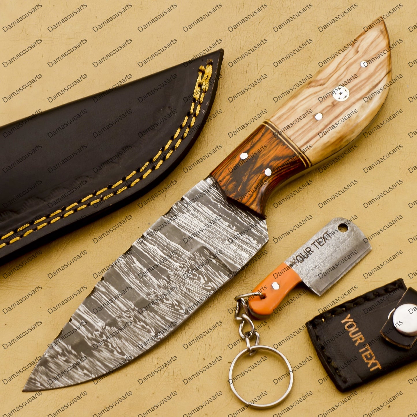 Customize Custom Hand Made Forged Hunter Knife Damascus Steel Bowie Knife Handle Tali Wood with Leather Sheath Free Key Chain Gift