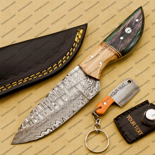 Customize Custom Hand Made Forged Hunter Knife Damascus Steel Bowie Knife Handle Tali Wood with Leather Sheath Free Key Chain Gift