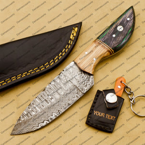 Customize Custom Hand Made Forged Hunter Knife Damascus Steel Bowie Knife Handle Tali Wood with Leather Sheath Free Key Chain Gift