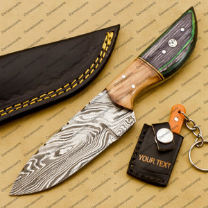 Customize Custom Hand Made Forged Hunter Knife Damascus Steel Bowie Knife Handle Tali Wood with Leather Sheath Free Key Chain Gift