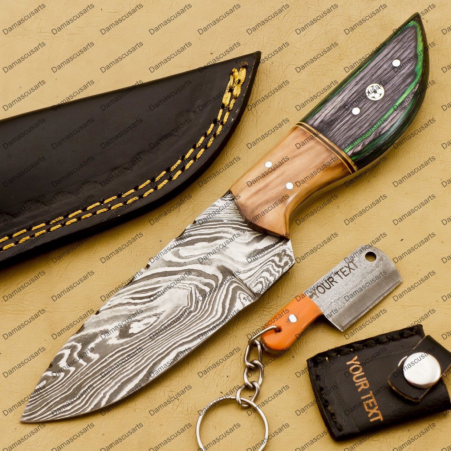 Customize Custom Hand Made Forged Hunter Knife Damascus Steel Bowie Knife Handle Tali Wood with Leather Sheath Free Key Chain Gift