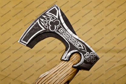 Custom Gift Forged Damascus Steel Viking Axe with Rose Wood Shaft, Viking Bearded Camping Axe, Best Birthday & Anniversary Gift For Him