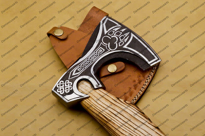 Custom Gift Forged Damascus Steel Viking Axe with Rose Wood Shaft, Viking Bearded Camping Axe, Best Birthday & Anniversary Gift For Him