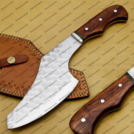 Handmade Damascus Steel Cleaver Chopper Chef Kitchen Knife Heavy Duty Damascus Handle Walnut Wood with Leather Sheeth