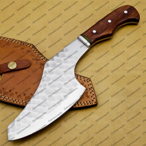 Handmade Damascus Steel Cleaver Chopper Chef Kitchen Knife Heavy Duty Damascus Handle Walnut Wood with Leather Sheeth