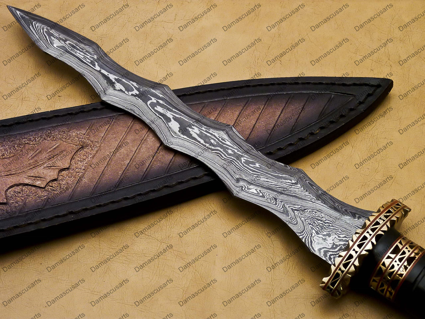 14" personalized Python High End Handmade Damascus Steel Mosaic Bowie Knife Hunting Knife 9 inches Blade with handle leather sheath