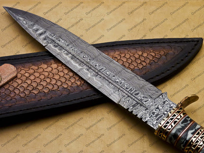 personalized Python High End Handmade Damascus Steel Mosaic Bowie Knife Hunting Knife 7 inches Blade with Marble handle leather sheath