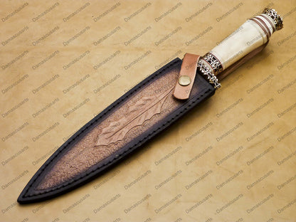 14" personalized Python High End Handmade Damascus Steel Mosaic Bowie Knife Hunting Knife 9 inches Blade with handle leather sheath