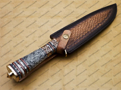 personalized Python High End Handmade Damascus Steel Mosaic Bowie Knife Hunting Knife 7 inches Blade with Marble handle leather sheath