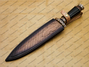 14" personalized Python High End Handmade Damascus Steel Mosaic Bowie Knife Hunting Knife 9 inches Blade with handle leather sheath