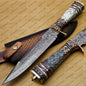 personalized Python High End Handmade Damascus Steel Mosaic Bowie Knife Hunting Knife 7 inches Blade with Marble handle leather sheath