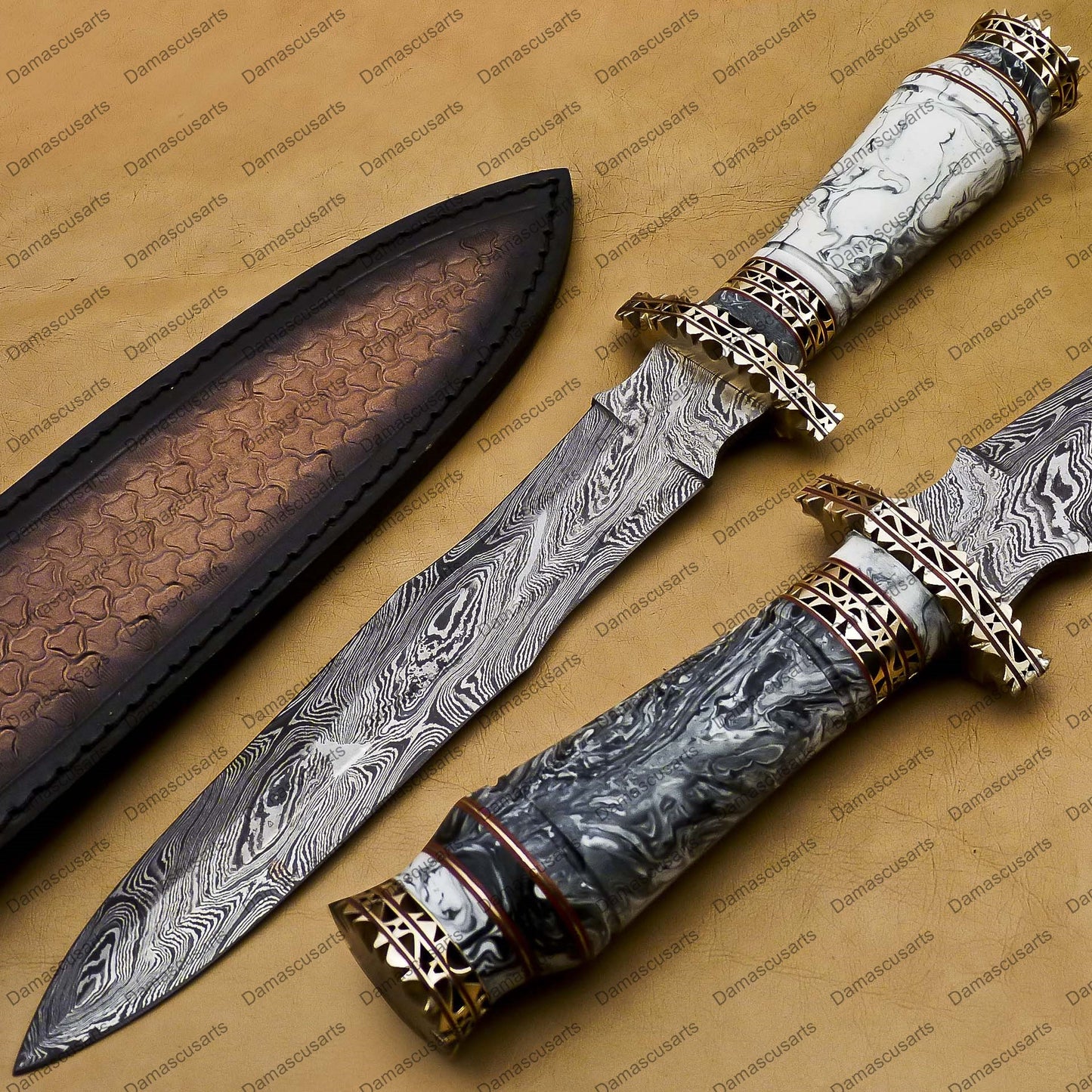 14" personalized Python High End Handmade Damascus Steel Mosaic Bowie Knife Hunting Knife 9 inches Blade with handle leather sheath