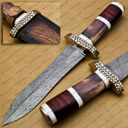 14" personalized Python High End Handmade Damascus Steel Mosaic Bowie Knife Hunting Knife 9 inches Blade with handle leather sheath