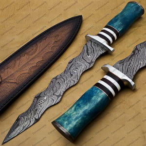 15" personalized Python High End Handmade Damascus Steel Mosaic Bowie Knife Hunting Knife 10 inches Blade with handle leather sheath