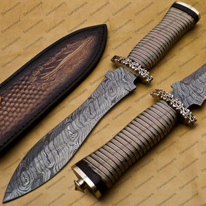 12" personalized Python High End Handmade Damascus Steel Mosaic Bowie Knife Hunting Knife 7 inches Blade with handle leather sheath