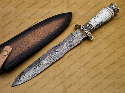 14" personalized Python High End Handmade Damascus Steel Mosaic Bowie Knife Hunting Knife 9 inches Blade with handle leather sheath