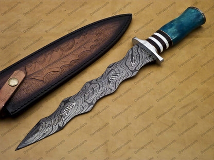 15" personalized Python High End Handmade Damascus Steel Mosaic Bowie Knife Hunting Knife 10 inches Blade with handle leather sheath