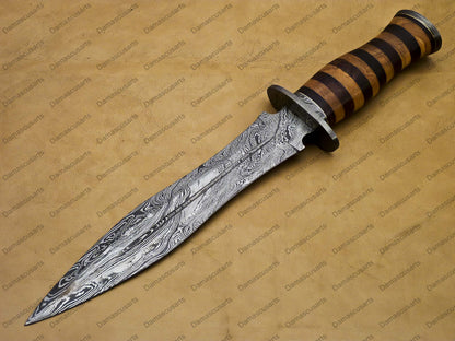 12" personalized Python High End Handmade Damascus Steel Mosaic Bowie Knife Hunting Knife 9 inches Blade with handle leather sheath