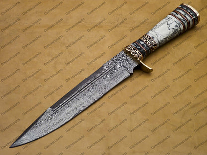 personalized Python High End Handmade Damascus Steel Mosaic Bowie Knife Hunting Knife 7 inches Blade with Marble handle leather sheath