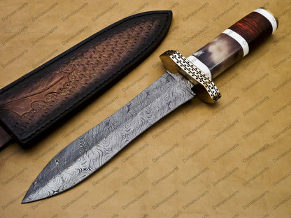 14" personalized Python High End Handmade Damascus Steel Mosaic Bowie Knife Hunting Knife 9 inches Blade with handle leather sheath