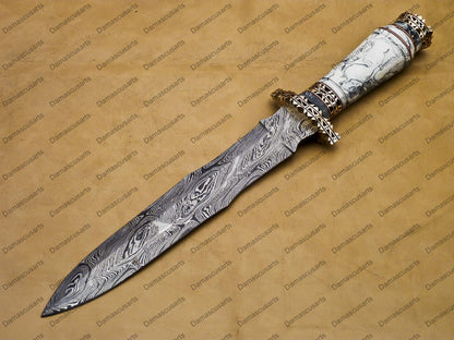 14" personalized Python High End Handmade Damascus Steel Mosaic Bowie Knife Hunting Knife 9 inches Blade with handle leather sheath