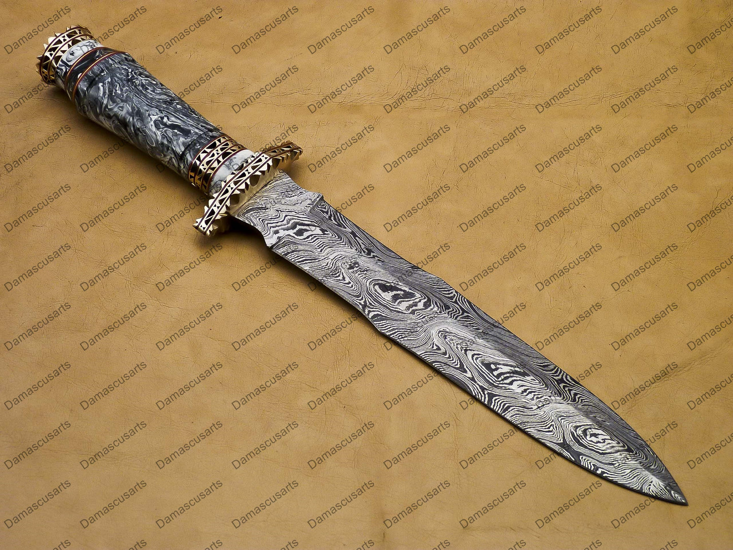 14" personalized Python High End Handmade Damascus Steel Mosaic Bowie Knife Hunting Knife 9 inches Blade with handle leather sheath