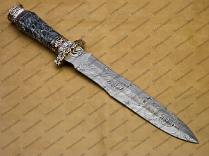 14" personalized Python High End Handmade Damascus Steel Mosaic Bowie Knife Hunting Knife 9 inches Blade with handle leather sheath