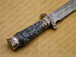 14" personalized Python High End Handmade Damascus Steel Mosaic Bowie Knife Hunting Knife 9 inches Blade with handle leather sheath