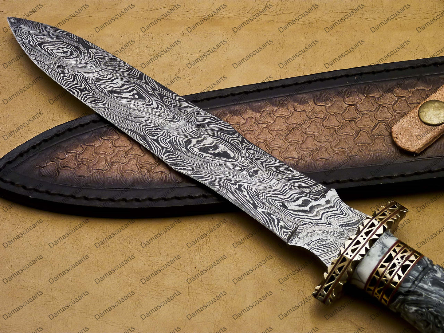 14" personalized Python High End Handmade Damascus Steel Mosaic Bowie Knife Hunting Knife 9 inches Blade with handle leather sheath