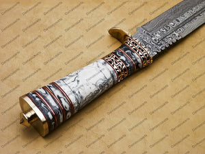 personalized Python High End Handmade Damascus Steel Mosaic Bowie Knife Hunting Knife 7 inches Blade with Marble handle leather sheath