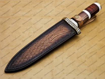 14" personalized Python High End Handmade Damascus Steel Mosaic Bowie Knife Hunting Knife 9 inches Blade with handle leather sheath