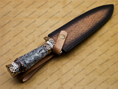 14" personalized Python High End Handmade Damascus Steel Mosaic Bowie Knife Hunting Knife 9 inches Blade with handle leather sheath