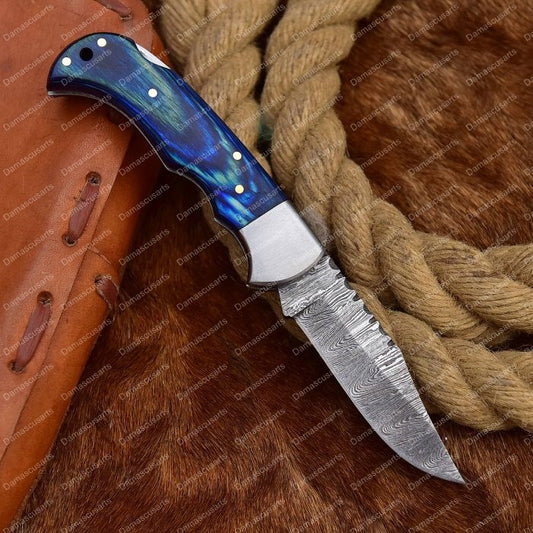 Sleek Edge Damascus Folding Knife Blue