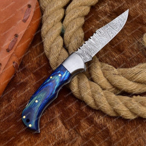 Sleek Edge Damascus Folding Knife Blue