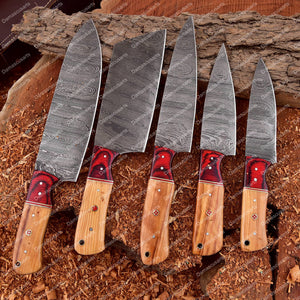 Handmade Damascus Steel Chef Knife Set With Rolling Bag Rosewood Red