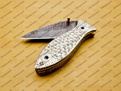 customize Custom Hand Made Damascus Steel Folding knife Fish shape knife Pocket Knife Handle Makarta Sheet Best Gift with Leather Sheeth