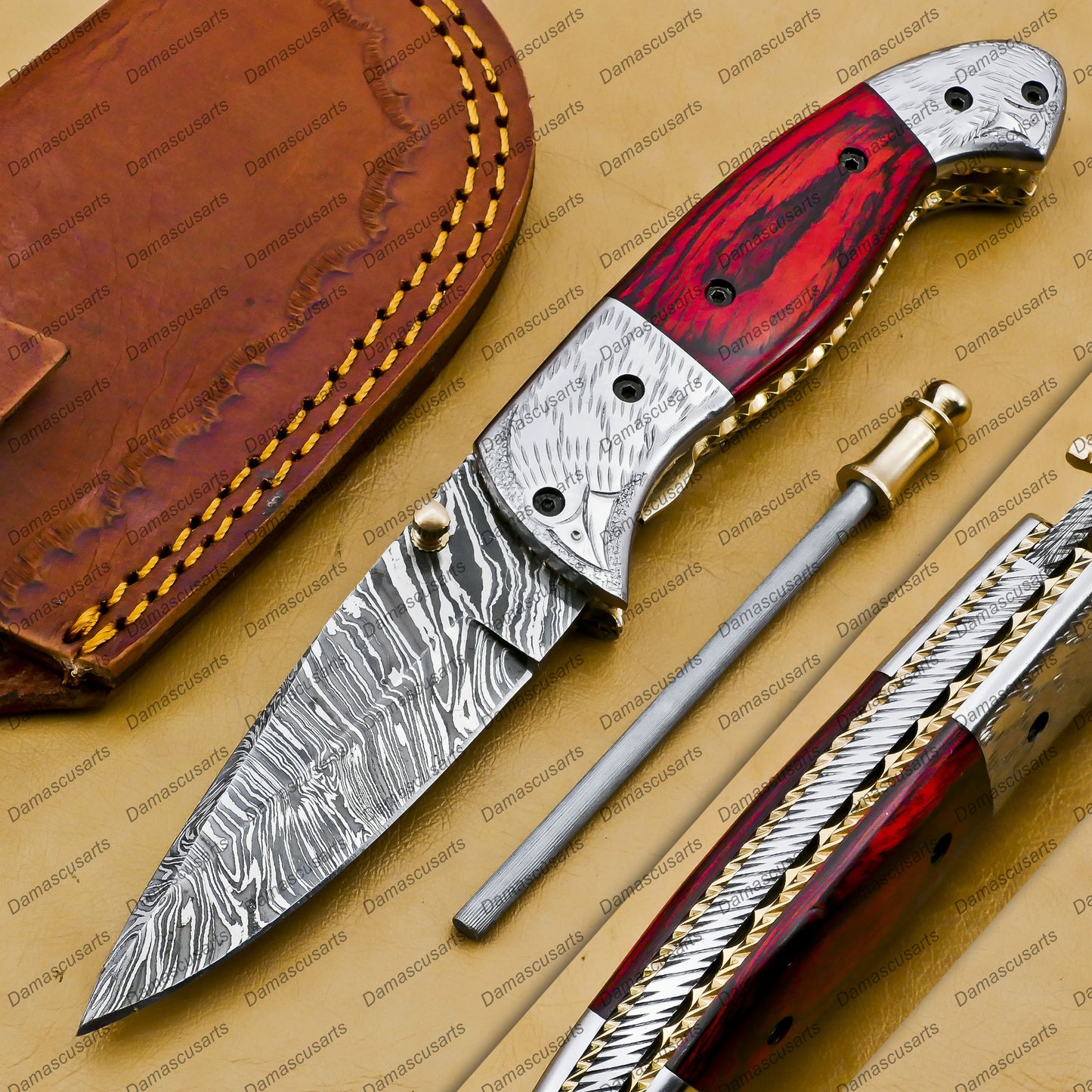 personalized hand made Hephaestus 7.5 Long Damascus Pocket Knives Titanium Handle with paddock wood and A grade green ruby , Diamond