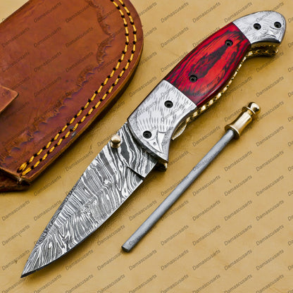 personalized hand made Hephaestus 7.5 Long Damascus Pocket Knives Titanium Handle with paddock wood and A grade green ruby , Diamond