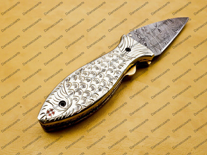 customize Custom Hand Made Damascus Steel Folding knife Fish shape knife Pocket Knife Handle Makarta Sheet Best Gift with Leather Sheeth