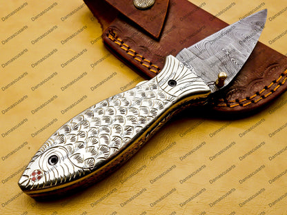 customize Custom Hand Made Damascus Steel Folding knife Fish shape knife Pocket Knife Handle Makarta Sheet Best Gift with Leather Sheeth