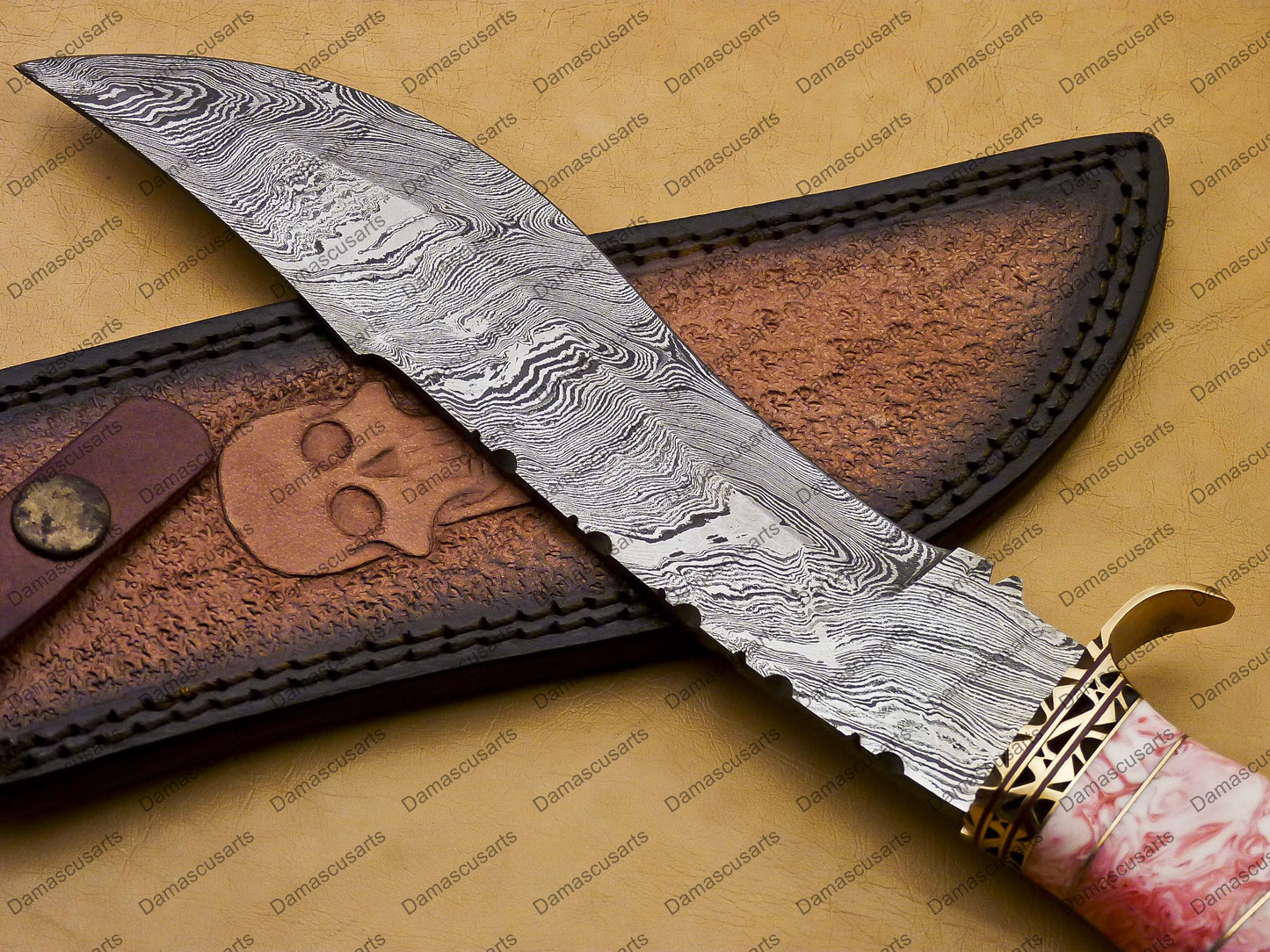 12" personalized Python High End Handmade Damascus Steel Mosaic Bowie Knife Hunting Knife 7 inches Blade with bone handle leather sheath