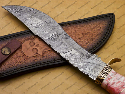 12" personalized Python High End Handmade Damascus Steel Mosaic Bowie Knife Hunting Knife 7 inches Blade with bone handle leather sheath