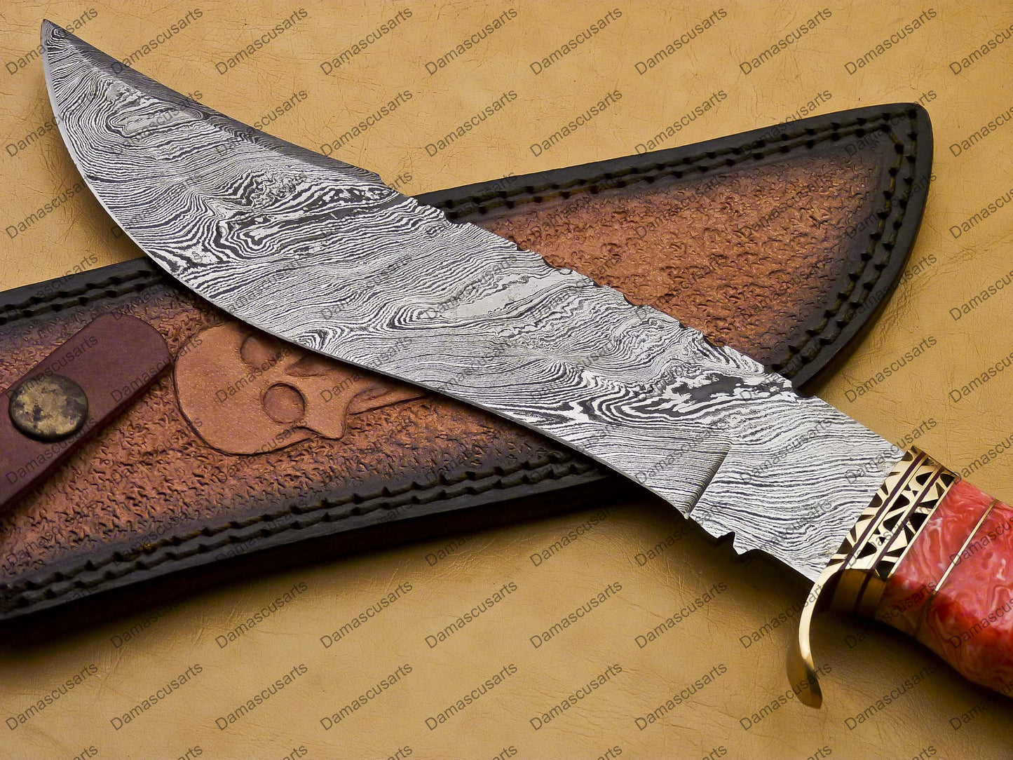 12" personalized Python High End Handmade Damascus Steel Mosaic Bowie Knife Hunting Knife 7 inches Blade with bone handle leather sheath