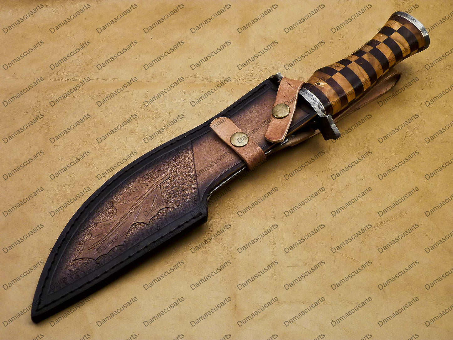 14" personalized Python High End Handmade Damascus Steel Mosaic Bowie Knife Hunting Knife 9 inches Blade with handle leather sheath