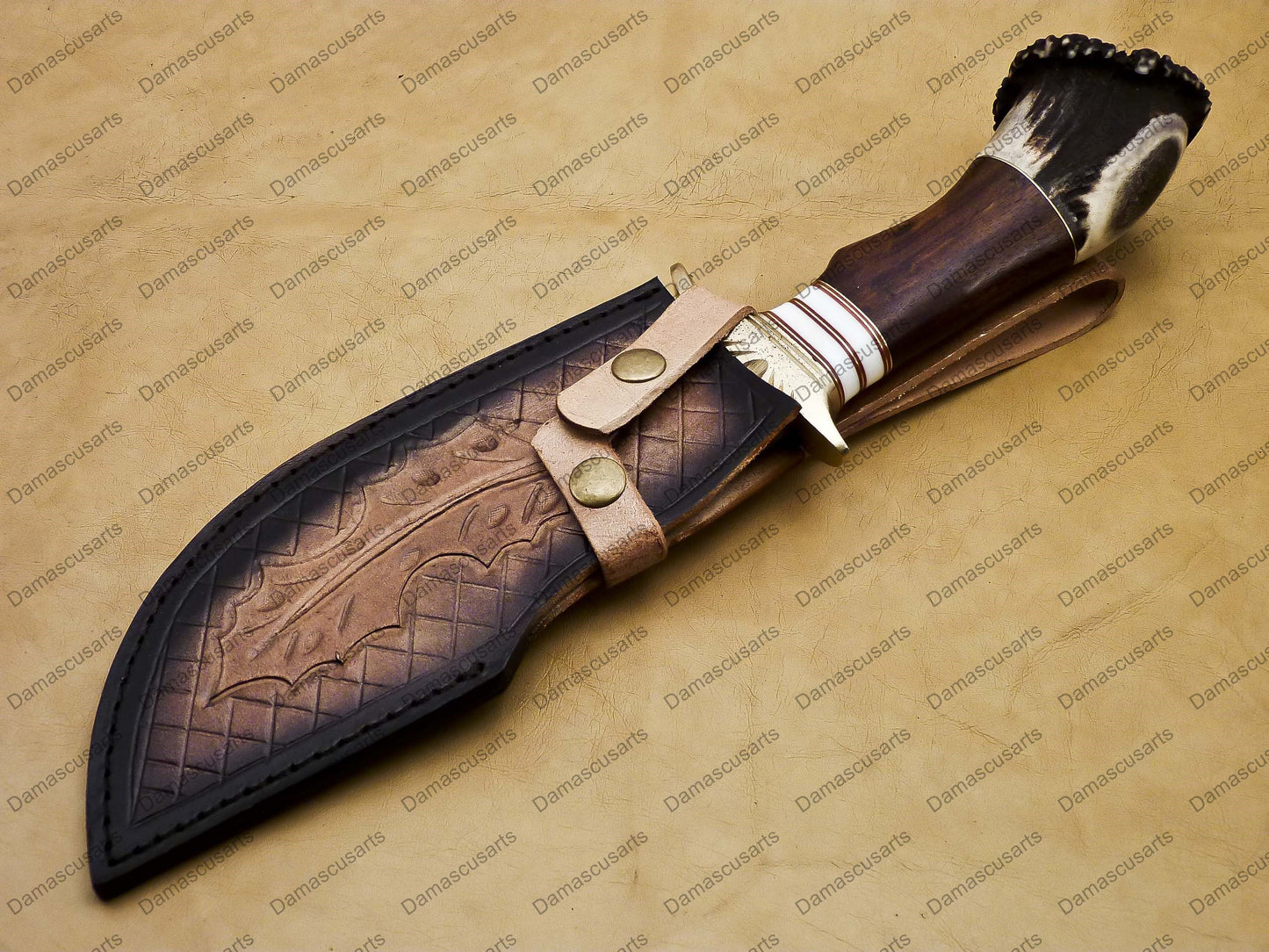 12" personalized Python High End Handmade Damascus Steel Mosaic Bowie Knife Hunting Knife 7 inches Blade with handle leather sheath