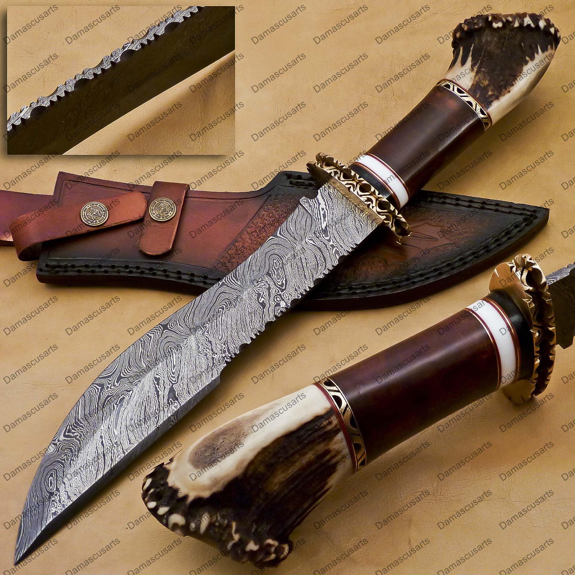 14" personalized Python High End Handmade Damascus Steel Mosaic Bowie Knife Hunting Knife 7 inches Blade with stage handle leather sheath