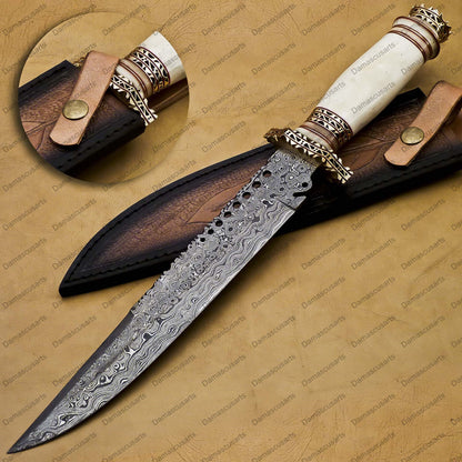 16" personalized Python High End Handmade Damascus Steel Mosaic Bowie Knife Hunting Knife 9 inches Blade with handle leather sheath